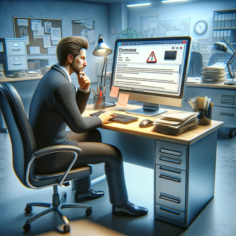 The scene retains the realistic office setting and the worker's thoughtful expression while scrutinizing the questionable email, showing how many Cyber Liability Insurance claims arise from malicious emails.