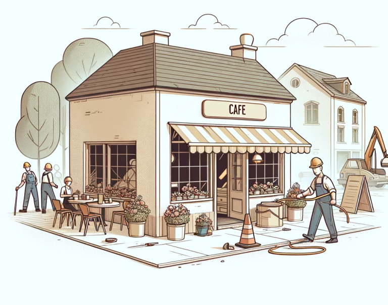 Image of a quaint café undergoing renovations after damage, with construction workers and café staff actively working on repairs in a busy setting, conveying optimism and resilience facilitated by business interruption insurance.