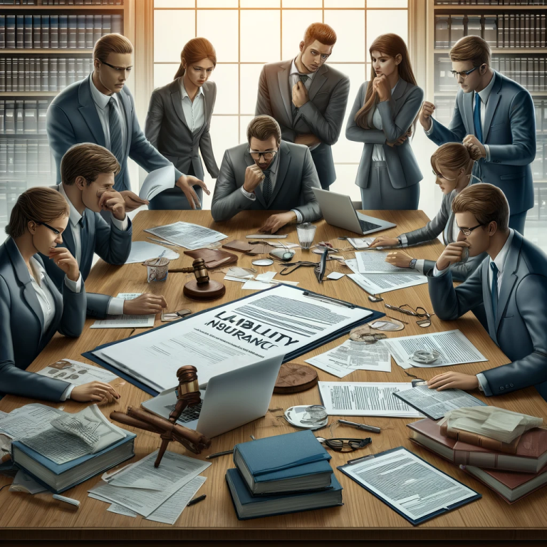 An office meeting scene with a diverse group of business professionals sitting around a conference table, showing expressions of concern as they discuss strategies and review legal documents, highlighting the stress of managing liability insurance and legal challenges.